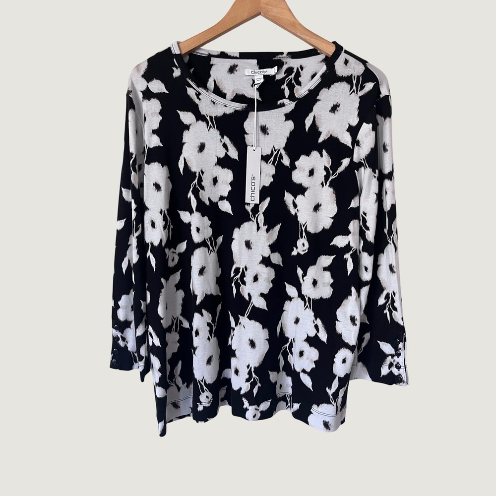 Chicos Pima Florence Everyday Tee Black White Floral 3/4 Sleeve Top Size 3 XL
